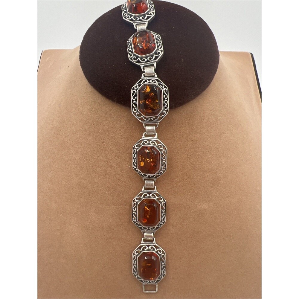 Vintage Bohemian Style Sterling Silver Amber Cabochon Link Bracelet